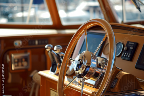 Yacht helm. Background with selective focus and copy space
