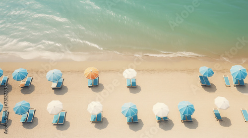 Top view of an tropical beach with turquoise ocean, colorful umbrellas and chaise-longues, on a warm sunny day. White sand, idyllic landscape. Summer nature, resort. High angle view.