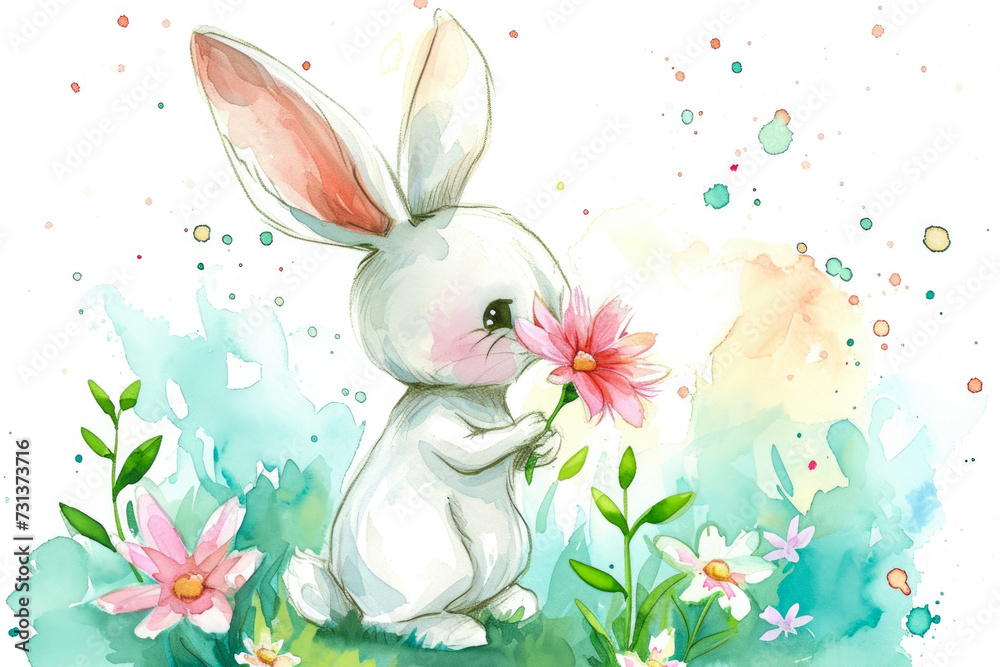 Φωτογραφία watercolor illustration of a bunny holding a flower, with a beautiful garden in