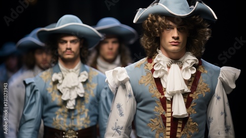 Male models showcase on the runway a clothing collection inspired by the musketeer characters from the novels of Alexandre Dumas photo