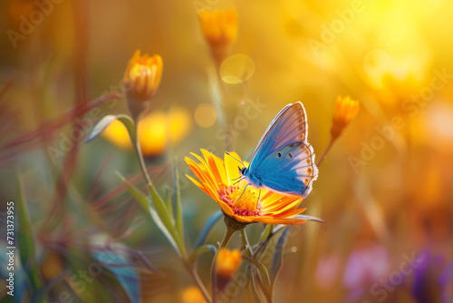 Butterfly on a spring flower. Background with selective focus and copy space