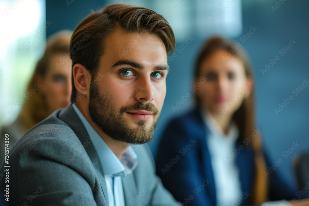 A man at a business meeting. Background with selective focus and copy space A man at a business meeting. Background with selective focus and copy space