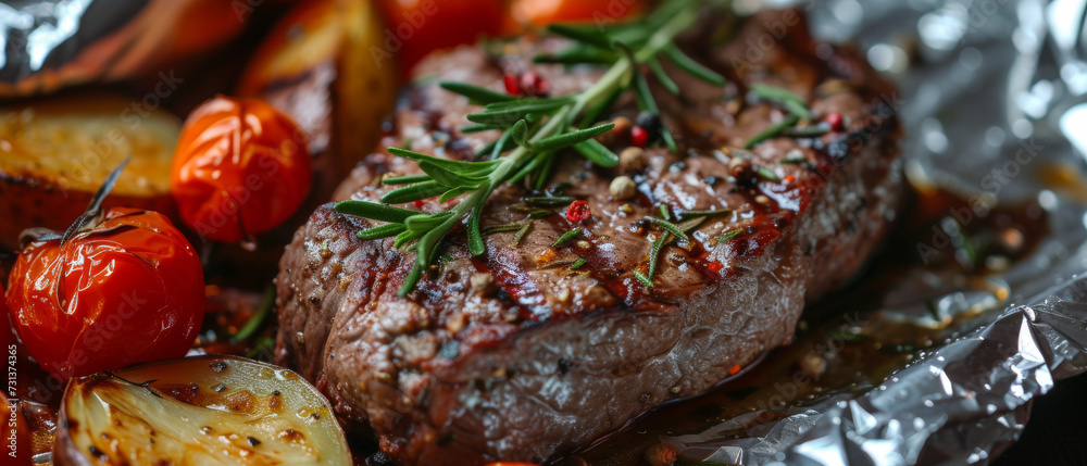 Grilled beef steak and baked vegetables on tin foil. Concept for National Barbecue Day, May 16. Grilled beef steak and baked vegetables on tin foil. Concept for National Barbecue Day, May 16.