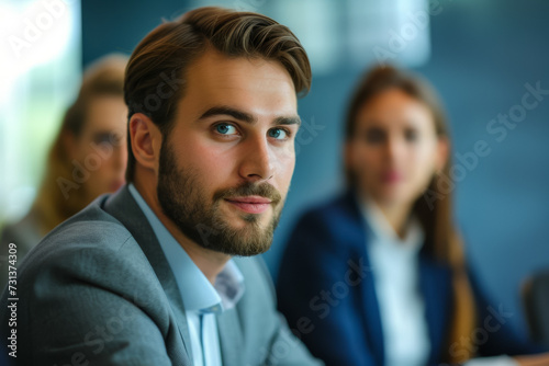 A man at a business meeting. Background with selective focus and copy space