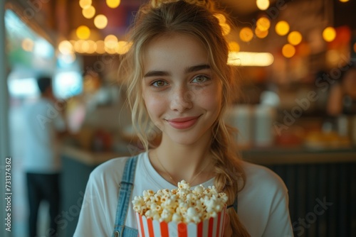 A girl buys popcorn. Background with selective focus and copy space