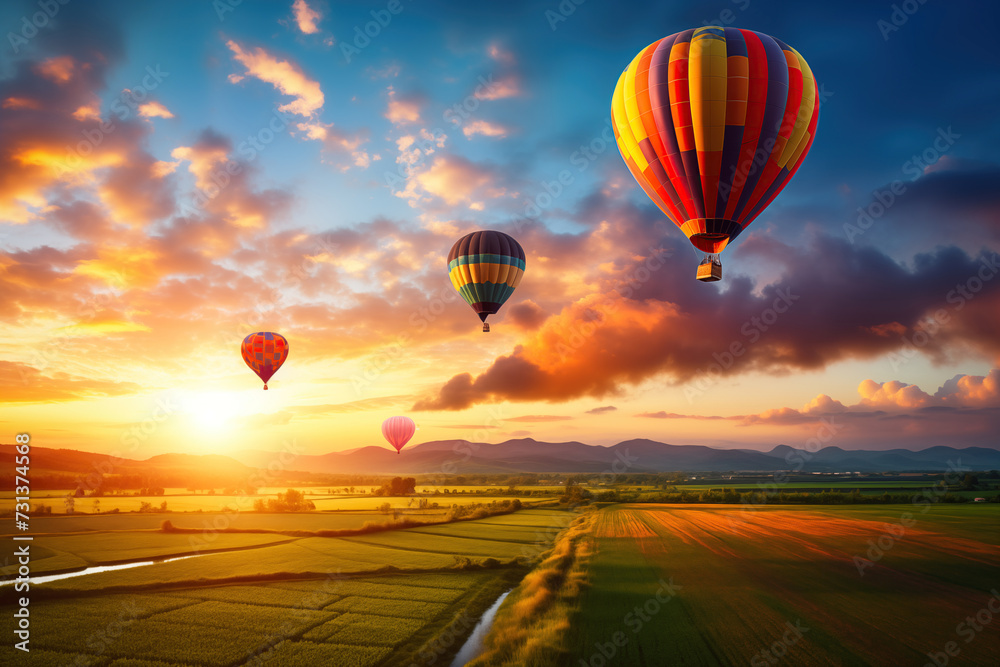 Naklejka premium Colorful hot air balloons over blooming field meadow at sunset