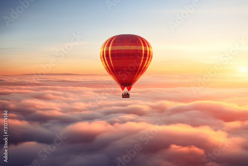 Colorful hot air balloon floats over a sea of clouds at sunset