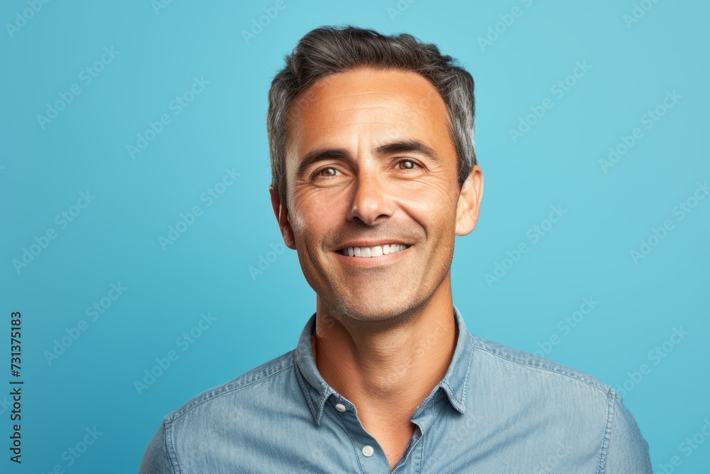 Handsome middle age man smiling and looking at camera over blue background Handsome middle age man smiling and looking at camera over blue background