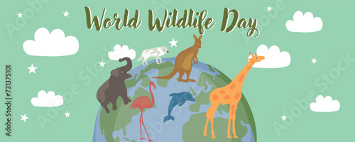 Banner for World Wildlife Day with drawn animals and planet Earth