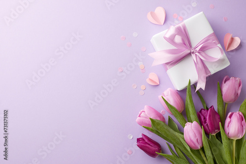Kindness in selection: best tips for march 8th gifts. Top view photo of present box, tulips bouquet, hearts, colorful confetti on lilac background with promo panel #731375102
