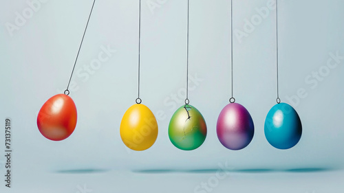 Newton's pendulum with Easter eggs on blue pastel background. Abstract, minimal Easter concept.