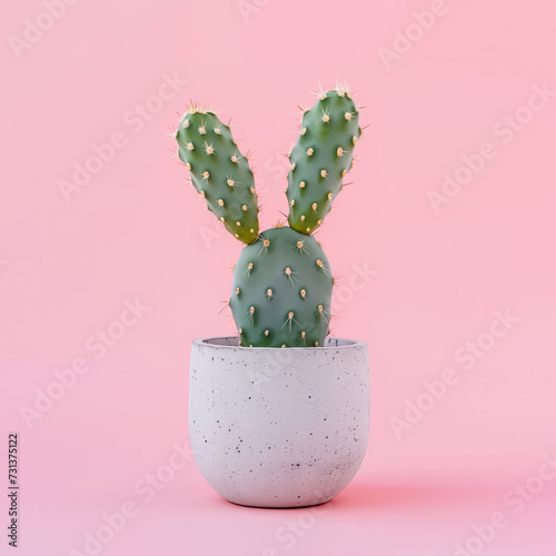 Bunny ears shaped cactus in concrete pot on pastel pink background. Abstract, minimal Easter concept.