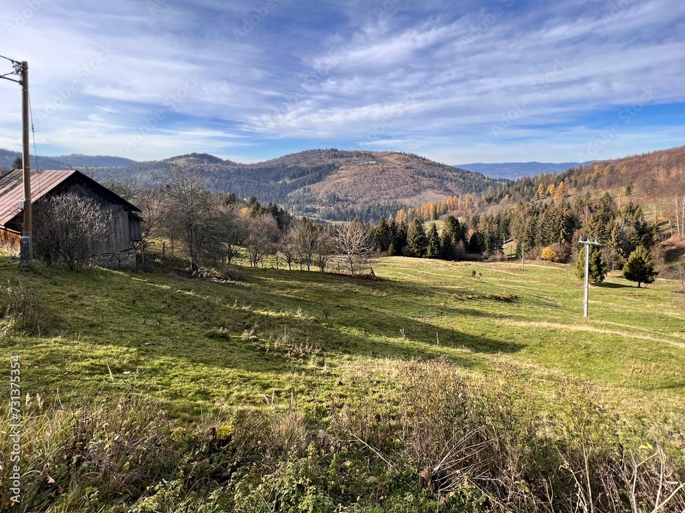 autumn mountain landscape with a cottage