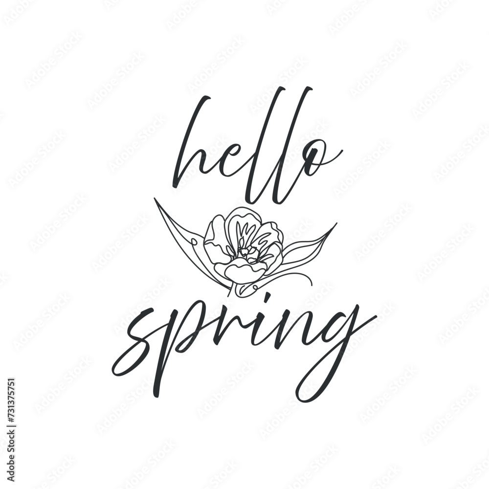 Text HELLO, SPRING and drawn flower on white background