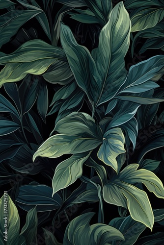 Green leaves and stems on a Blue background