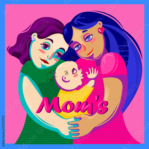 Two moms cuddling their baby boy. Mothers day illustration