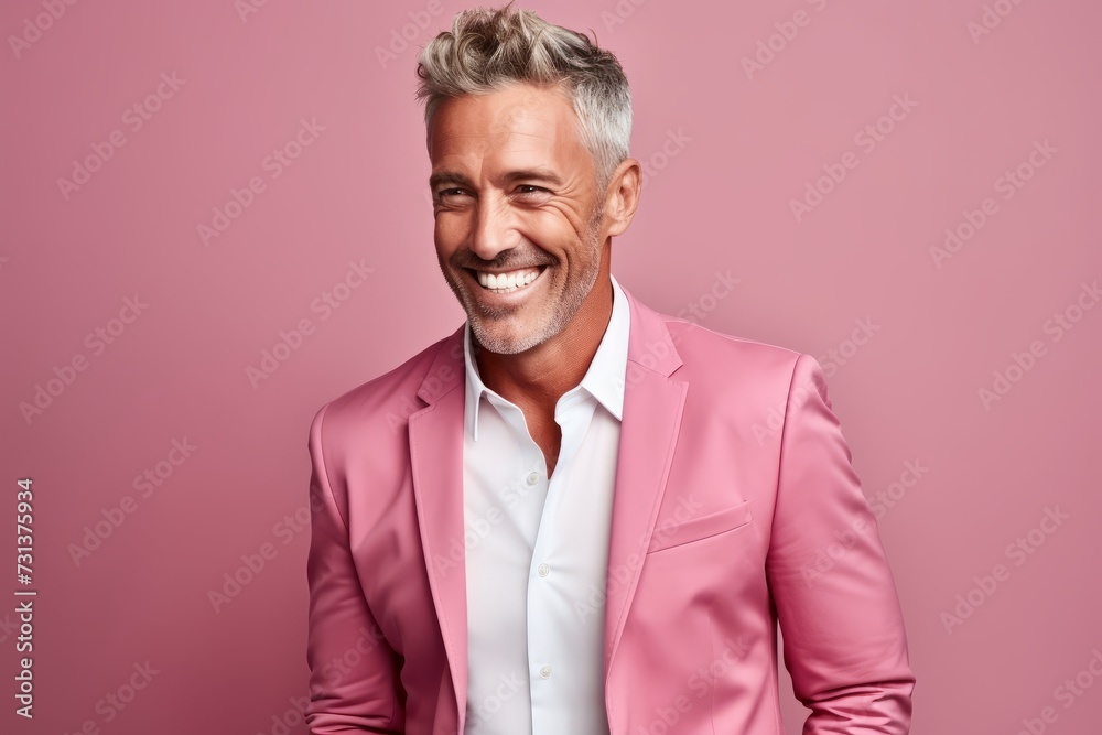 Handsome middle aged man smiling and looking at camera while standing against pink background Handsome middle aged man smiling and looking at camera while standing against pink background