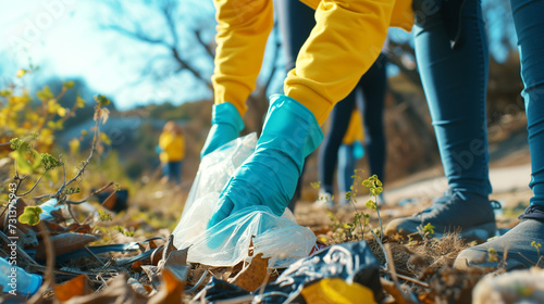 volunteers in yellow jackets and blue gloves pick up litter in the forest, contributing to environmental conservation