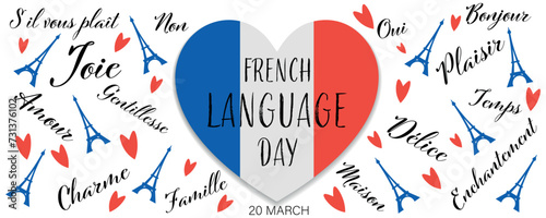 Banner for French Language Day with drawn heart and Eiffel towers