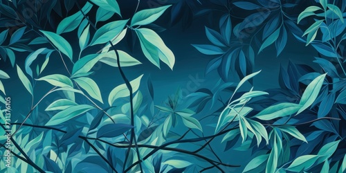 Green leaves and stems on a Cyan background