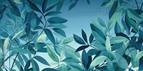 Green leaves and stems on a Cyan background