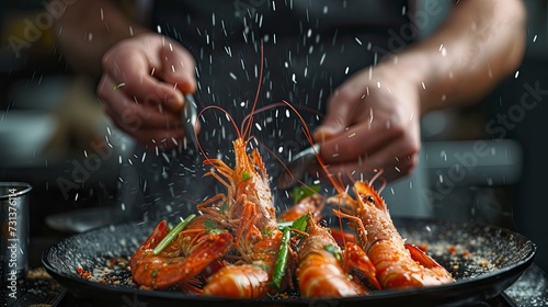 Seafood, professional chef preparing prawns with sprigg beans. Cooking seafood, healthy vegetarian food and food on a dark background - generative ai photo