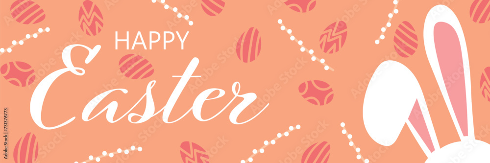 Easter greeting banner with bunny ears, pussy willow branches and eggs on orange background Easter greeting banner with bunny ears, pussy willow branches and eggs on orange background