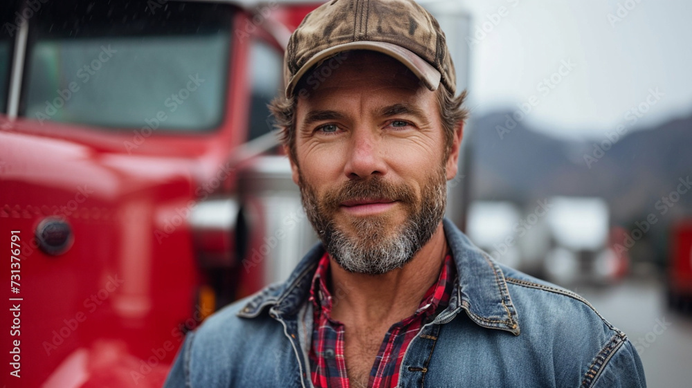 portrait of happy confident handsome trucker driver in front of his semi truck portrait of happy confident handsome trucker driver in front of his semi truck