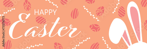 Easter greeting banner with bunny ears, pussy willow branches and eggs on orange background