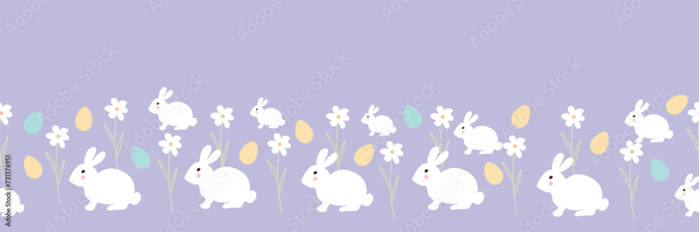 Easter pattern with bunnies, dyes eggs and flowers on lilac background