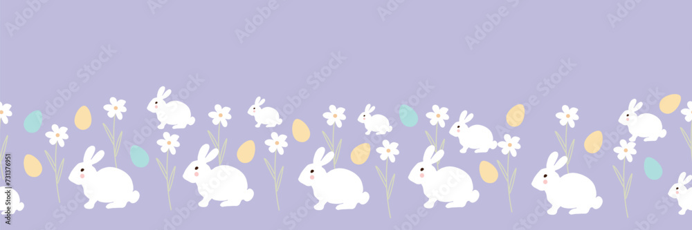 Fototapeta premium Easter pattern with bunnies, dyes eggs and flowers on lilac background
