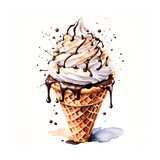 Chocolate ice cream cone with chantilly cream, watercolor illustration on white