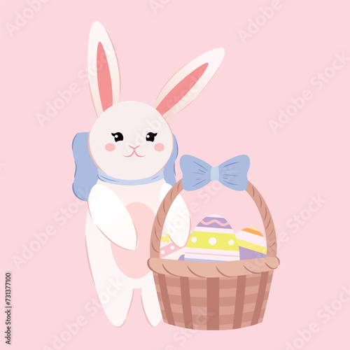 Cute bunny with Easter basket on pink background