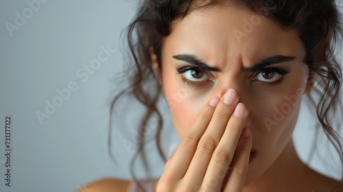 Closeup of a beautiful young woman covering her nose with a hand, disgusted and unhappy face expression because of the bad stinky smell. Unpleasant aroma, upset girl, studio photography, holding nose photo