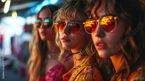 Group of Women Wearing Red Mirrored Sunglasses. At Festival