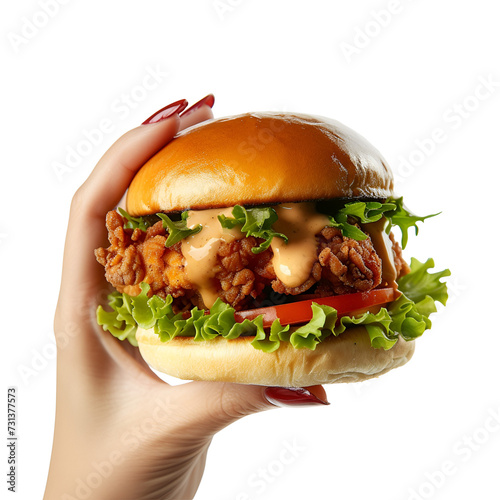 Woman’s hand seen in close up photo holding a delicious fried chicken burger, Isolated on Transparent Background, PNG