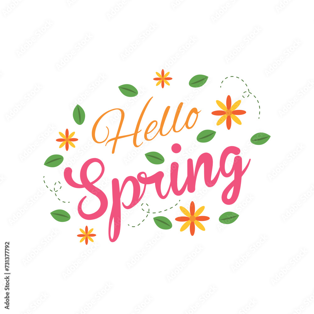 Text HELLO, SPRING, flowers and leaves on white background