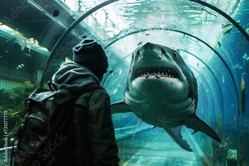 In an underwater aquarium, a person's awe and fear collide as they come face to face with a majestic softfinned shark gliding through the tunnel photo