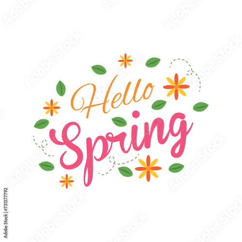 Text HELLO  SPRING  flowers and leaves on white background