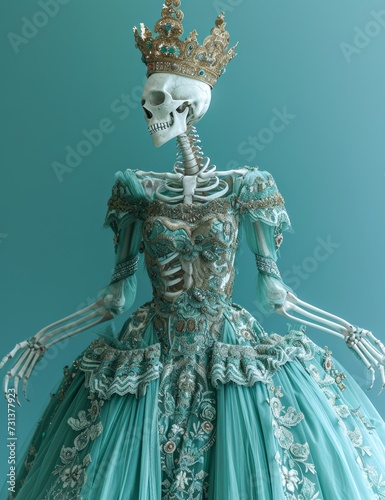 A hauntingly beautiful skeleton adorned in a regal gown and crown, a testament to the art of costume design and the fragility of life, stands as a frozen statue in the midst of a swirling hoopskirt,  photo