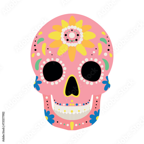 Painted human skull on white background. Mexico's Day of the Dead (El Dia de Muertos)