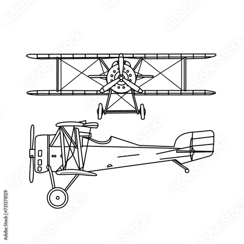 Technical sketch drawing Illustration of 1900's Air Force plane line art, suitable for your custom biplane airplane, outline vector doodle illustration, side and front view isolated on white