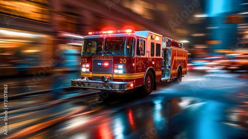 Emergency firefighting department driving a truck at a fast speed at night through the city streets with lights on, rushing service to rescue people from the flame, 911 station team to extinguish fire
