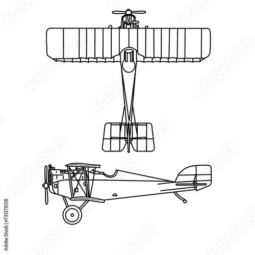 Template vector drawing of 1900's Air Force plane line art, Biplane monochrome silhouette with white detail lines, outline vector doodle illustration, side and top view isolated on white background
