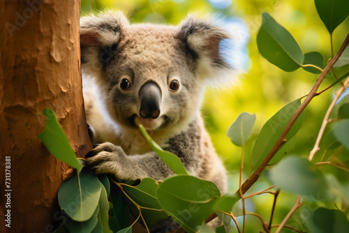 Cute and lazy gray Australian koala bear lying on the eucalyptus tree branch, wildlife photography, exotic animal looking at the camera, sunny day