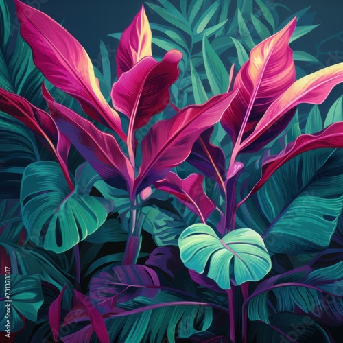 Green leaves and stems on a Magenta background