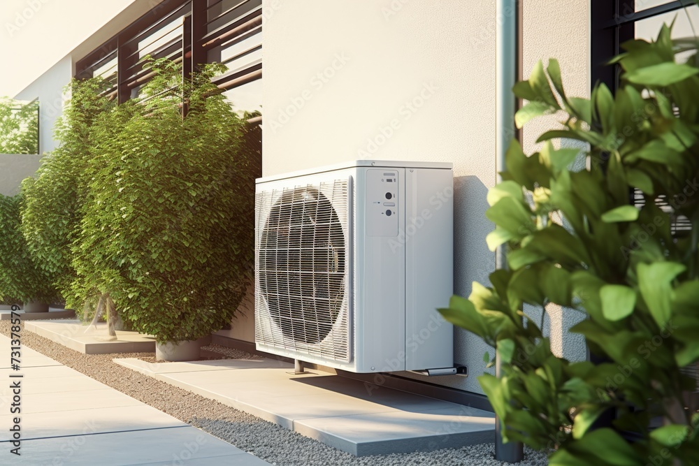 Closeup photo of an Air heat pump near a modern house Closeup photo of an Air heat pump near a modern house