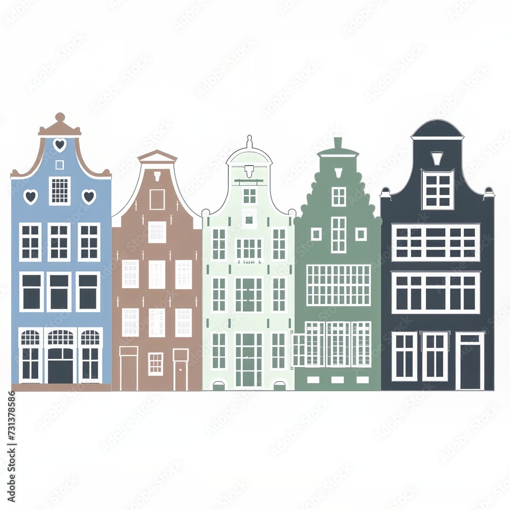 Set of colorful Dutch Amsterdam canal houses. Dutch architecture style