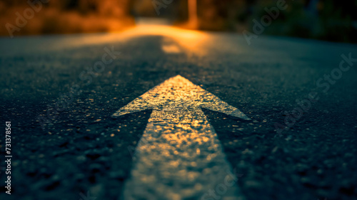 Low angle photography of a white arrow on the asphalt road during the sunset. Straight ahead way concept, path to success direction, business career future guidance, journey to the destination