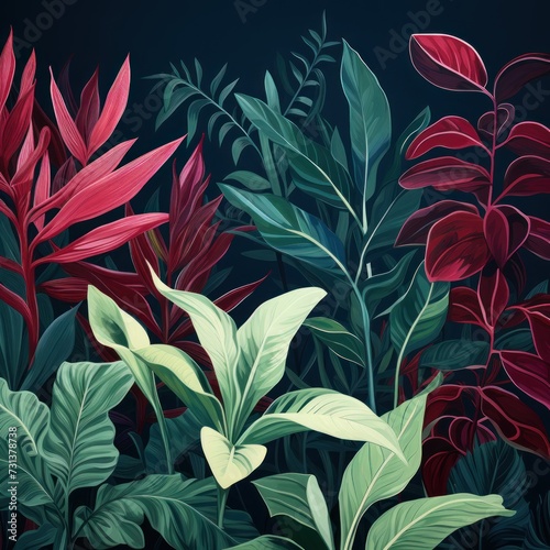 Green leaves and stems on a Maroon background